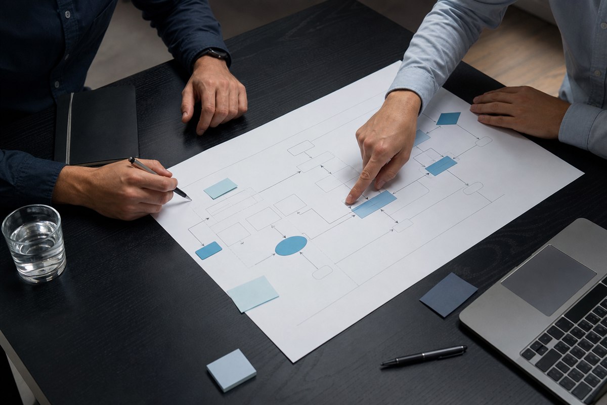 Illustration d’un atelier de cartographie : des personnes étudient ensemble les étapes d’un processus